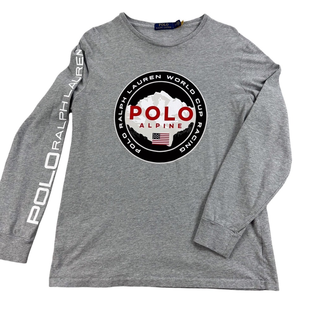 Polo Ralph Lauren Shirt Mens Medium Gray Alpine Ski USA Flag Long Sleeve Tee